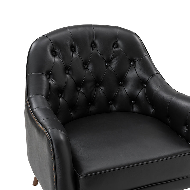 Fauteuil crapaud capitonné en cuir véritable avec pieds en hévéa et accoudoirs encastrés | Noir / Bleu marine / Camel / Beige | Une place