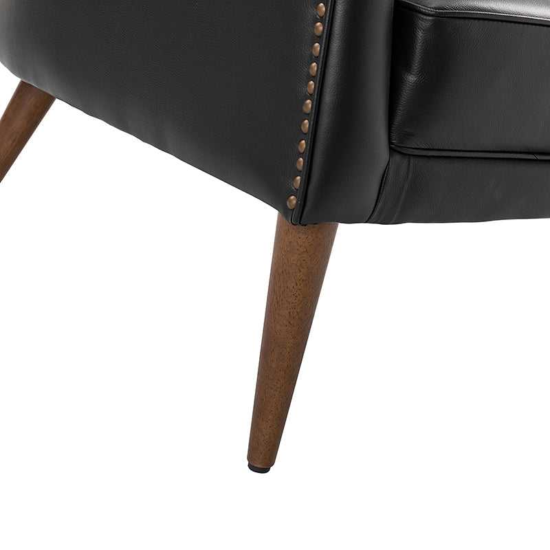 Fauteuil crapaud capitonné en cuir véritable avec pieds en hévéa et accoudoirs encastrés | Noir / Bleu marine / Camel / Beige | Une place