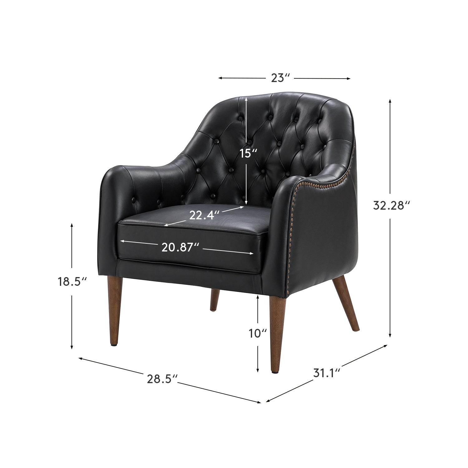 Fauteuil crapaud capitonné en cuir véritable avec pieds en hévéa et accoudoirs encastrés | Noir / Bleu marine / Camel / Beige | Une place