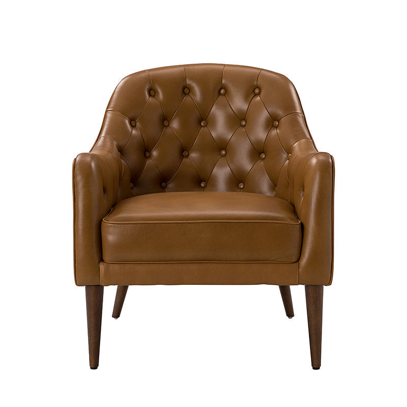 Fauteuil crapaud capitonné en cuir véritable avec pieds en hévéa et accoudoirs encastrés | Noir / Bleu marine / Camel / Beige | Une place