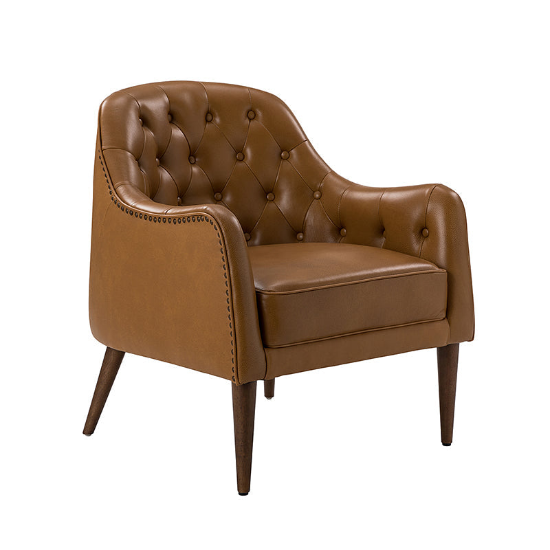 Fauteuil crapaud capitonné en cuir véritable avec pieds en hévéa et accoudoirs encastrés | Noir / Bleu marine / Camel / Beige | Une place