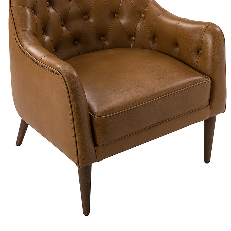 Fauteuil crapaud capitonné en cuir véritable avec pieds en hévéa et accoudoirs encastrés | Noir / Bleu marine / Camel / Beige | Une place