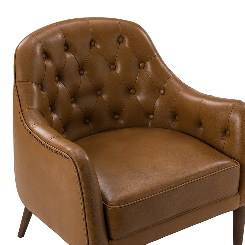 Fauteuil crapaud capitonné en cuir véritable avec pieds en hévéa et accoudoirs encastrés | Noir / Bleu marine / Camel / Beige | Une place