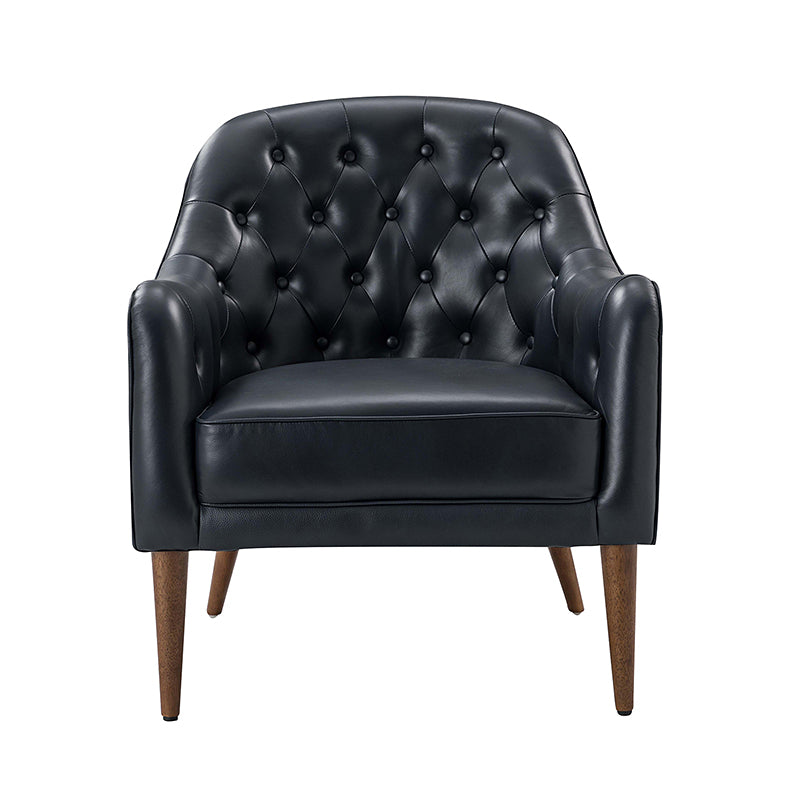 Fauteuil crapaud capitonné en cuir véritable avec pieds en hévéa et accoudoirs encastrés | Noir / Bleu marine / Camel / Beige | Une place