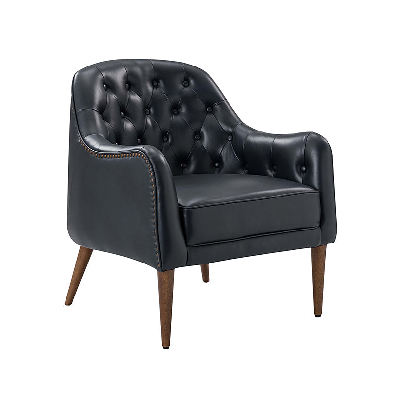 Fauteuil crapaud capitonné en cuir véritable avec pieds en hévéa et accoudoirs encastrés | Noir / Bleu marine / Camel / Beige | Une place