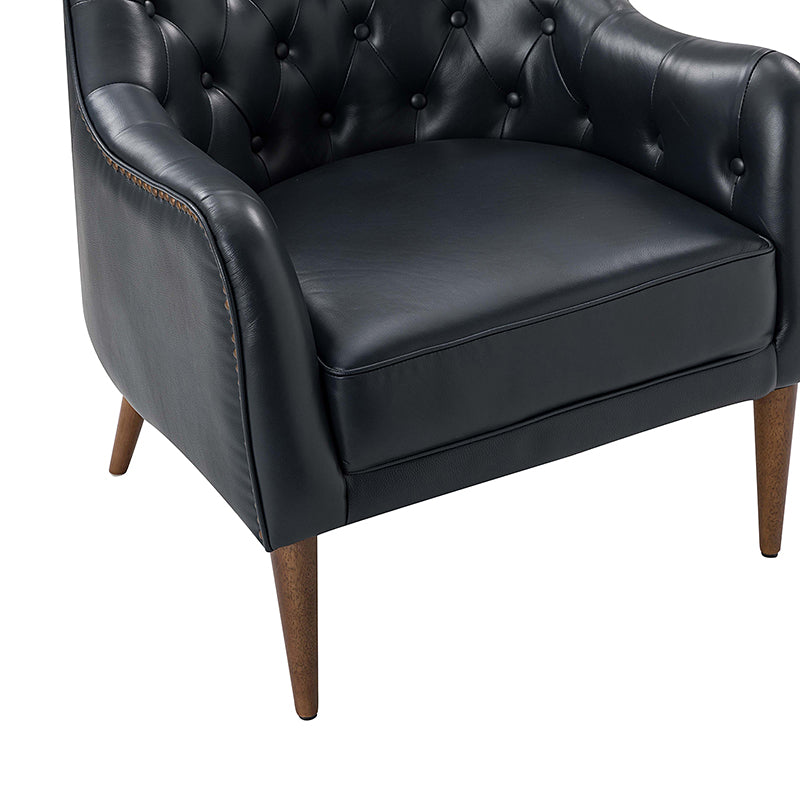 Fauteuil crapaud capitonné en cuir véritable avec pieds en hévéa et accoudoirs encastrés | Noir / Bleu marine / Camel / Beige | Une place