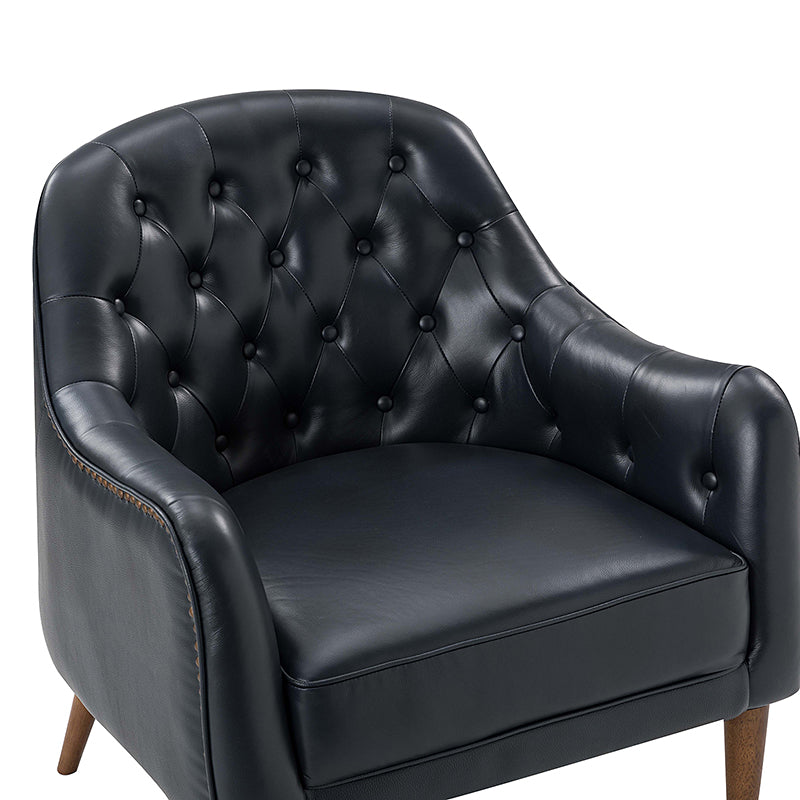 Fauteuil crapaud capitonné en cuir véritable avec pieds en hévéa et accoudoirs encastrés | Noir / Bleu marine / Camel / Beige | Une place