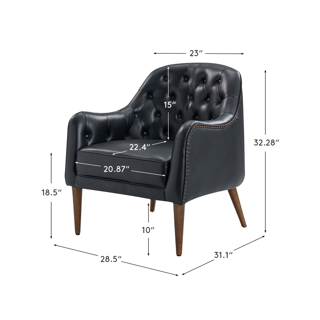 Fauteuil crapaud capitonné en cuir véritable avec pieds en hévéa et accoudoirs encastrés | Noir / Bleu marine / Camel / Beige | Une place