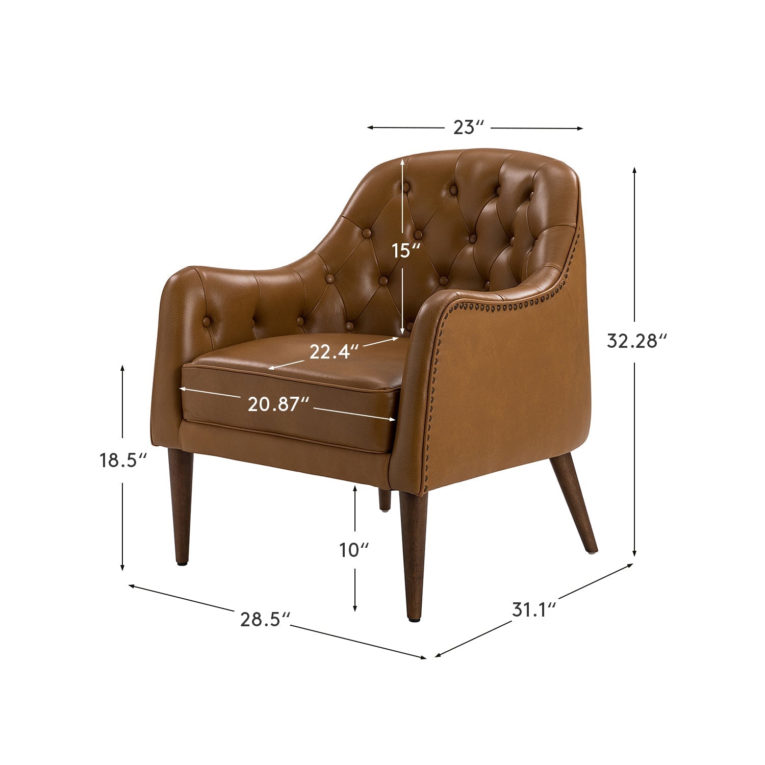 Fauteuil crapaud capitonné en cuir véritable avec pieds en hévéa et accoudoirs encastrés | Noir / Bleu marine / Camel / Beige | Une place