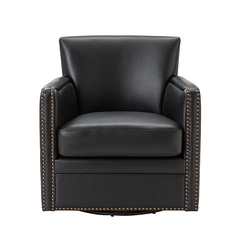 Fauteuil pivotant à 360° en cuir véritable avec clous décoratifs, accoudoirs encastrés et pieds noirs | Chocolat / Marron / Camel / Noir / Bleu marine | Une place