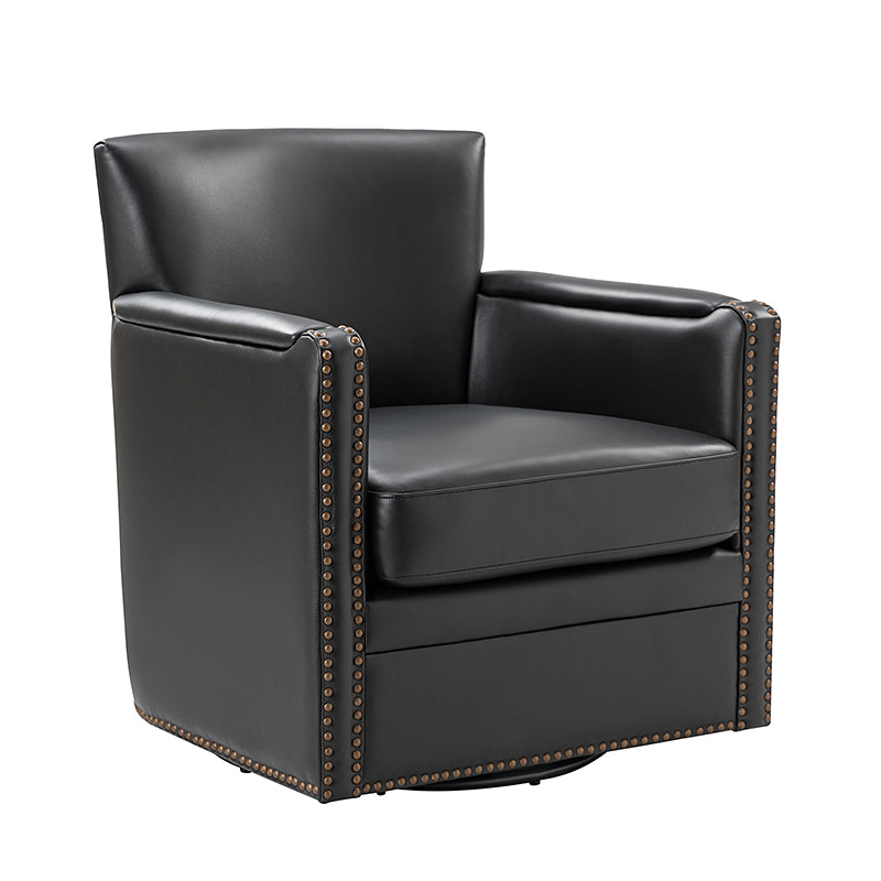 Fauteuil pivotant à 360° en cuir véritable avec clous décoratifs, accoudoirs encastrés et pieds noirs | Chocolat / Marron / Camel / Noir / Bleu marine | Une place