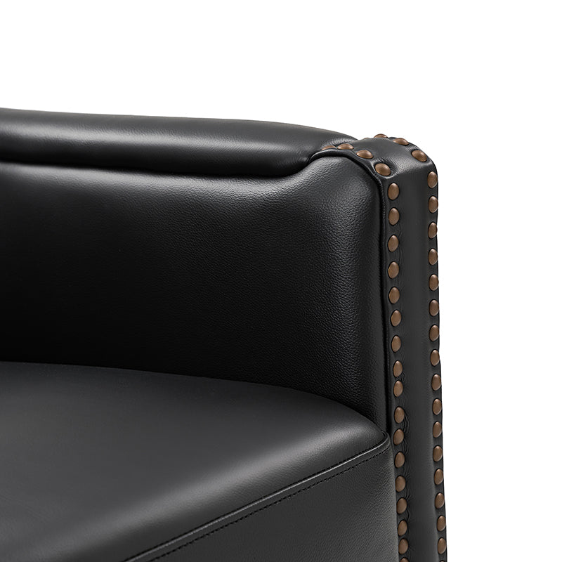 Fauteuil pivotant à 360° en cuir véritable avec clous décoratifs, accoudoirs encastrés et pieds noirs | Chocolat / Marron / Camel / Noir / Bleu marine | Une place