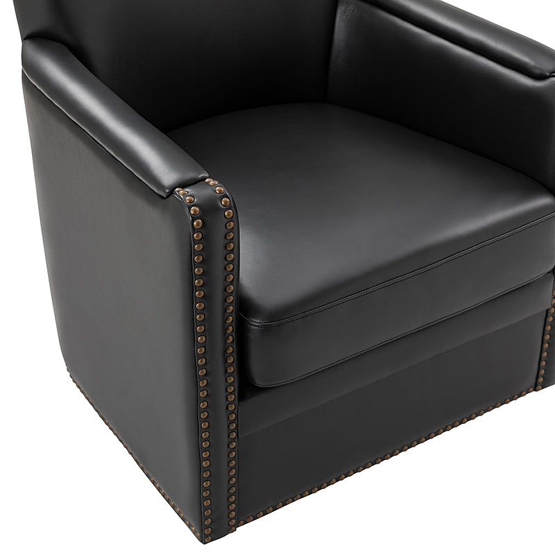 Fauteuil pivotant à 360° en cuir véritable avec clous décoratifs, accoudoirs encastrés et pieds noirs | Chocolat / Marron / Camel / Noir / Bleu marine | Une place