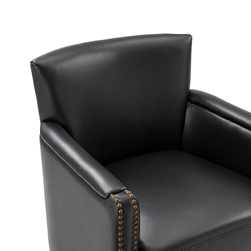 Fauteuil pivotant à 360° en cuir véritable avec clous décoratifs, accoudoirs encastrés et pieds noirs | Chocolat / Marron / Camel / Noir / Bleu marine | Une place
