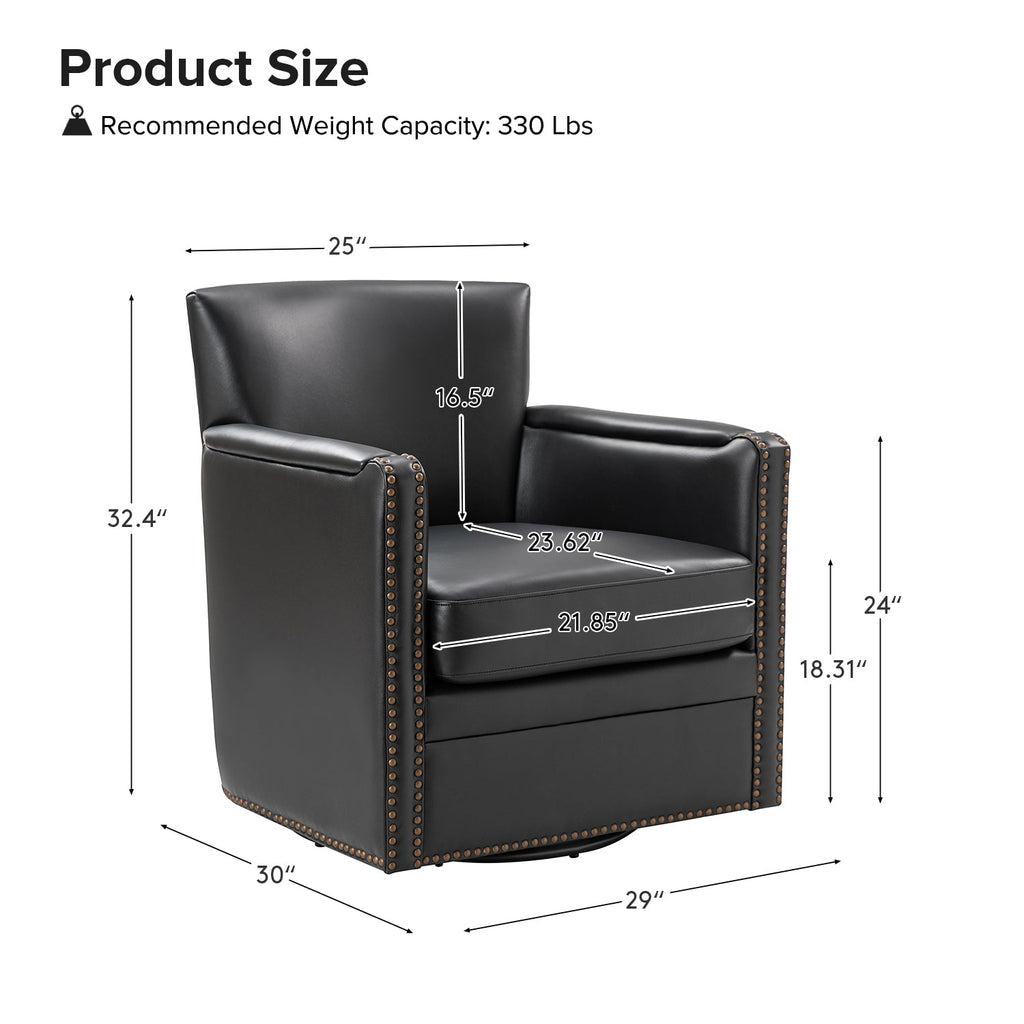 Fauteuil pivotant à 360° en cuir véritable avec clous décoratifs, accoudoirs encastrés et pieds noirs | Chocolat / Marron / Camel / Noir / Bleu marine | Une place