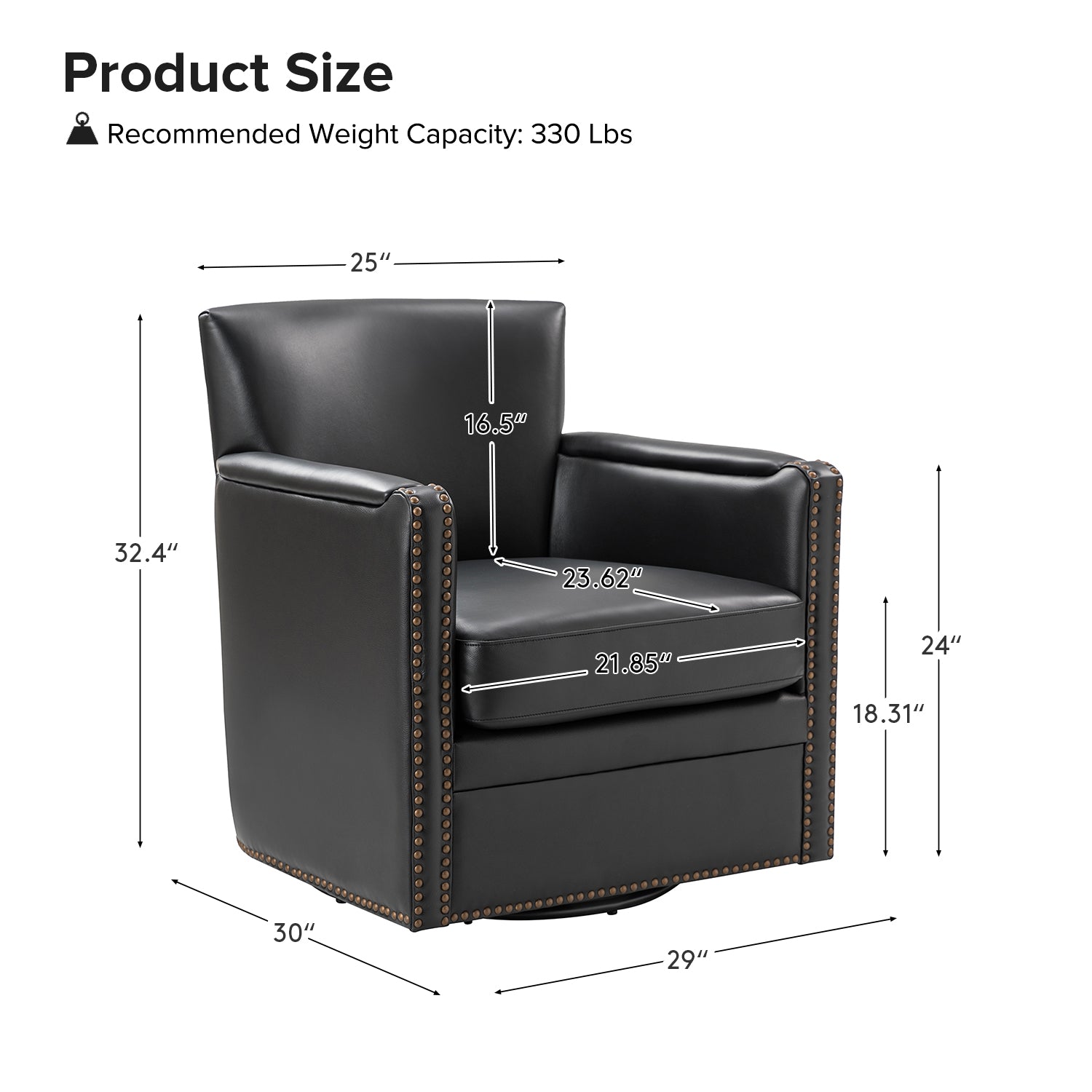 Fauteuil pivotant à 360° en cuir véritable avec clous décoratifs, accoudoirs encastrés et pieds noirs | Chocolat / Marron / Camel / Noir / Bleu marine | Une place
