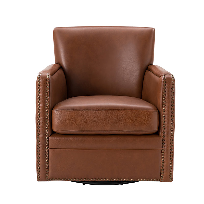 Fauteuil pivotant à 360° en cuir véritable avec clous décoratifs, accoudoirs encastrés et pieds noirs | Chocolat / Marron / Camel / Noir / Bleu marine | Une place