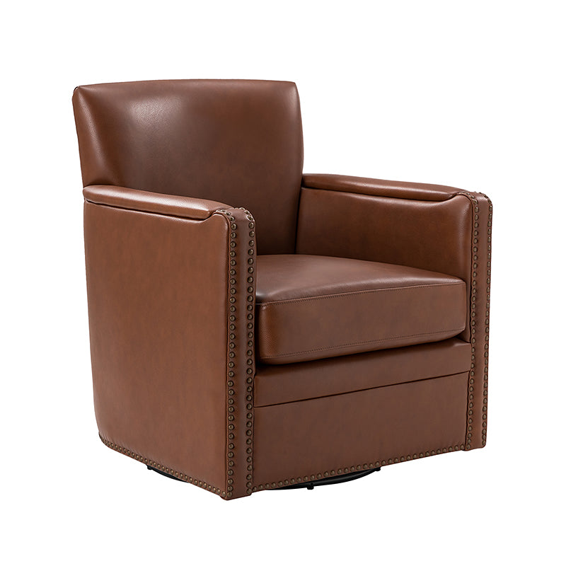 Fauteuil pivotant à 360° en cuir véritable avec clous décoratifs, accoudoirs encastrés et pieds noirs | Chocolat / Marron / Camel / Noir / Bleu marine | Une place