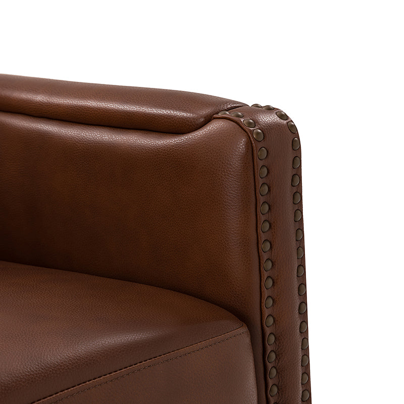 Fauteuil pivotant à 360° en cuir véritable avec clous décoratifs, accoudoirs encastrés et pieds noirs | Chocolat / Marron / Camel / Noir / Bleu marine | Une place