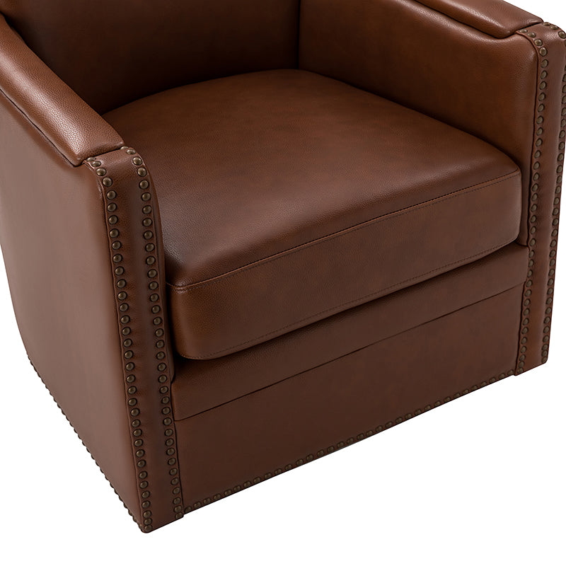 Fauteuil pivotant à 360° en cuir véritable avec clous décoratifs, accoudoirs encastrés et pieds noirs | Chocolat / Marron / Camel / Noir / Bleu marine | Une place