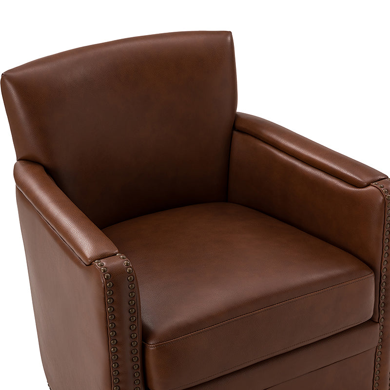 Fauteuil pivotant à 360° en cuir véritable avec clous décoratifs, accoudoirs encastrés et pieds noirs | Chocolat / Marron / Camel / Noir / Bleu marine | Une place