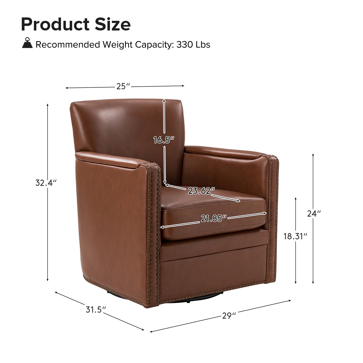 Fauteuil pivotant à 360° en cuir véritable avec clous décoratifs, accoudoirs encastrés et pieds noirs | Chocolat / Marron / Camel / Noir / Bleu marine | Une place
