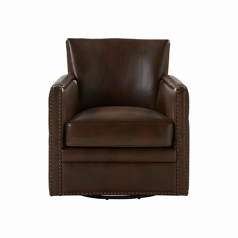 Fauteuil pivotant à 360° en cuir véritable avec clous décoratifs, accoudoirs encastrés et pieds noirs | Chocolat / Marron / Camel / Noir / Bleu marine | Une place