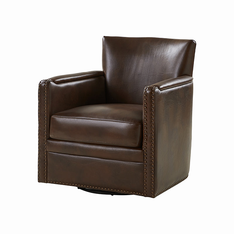 Fauteuil pivotant à 360° en cuir véritable avec clous décoratifs, accoudoirs encastrés et pieds noirs | Chocolat / Marron / Camel / Noir / Bleu marine | Une place