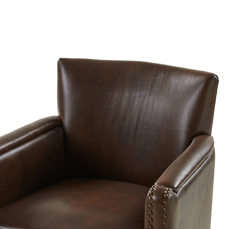 Fauteuil pivotant à 360° en cuir véritable avec clous décoratifs, accoudoirs encastrés et pieds noirs | Chocolat / Marron / Camel / Noir / Bleu marine | Une place