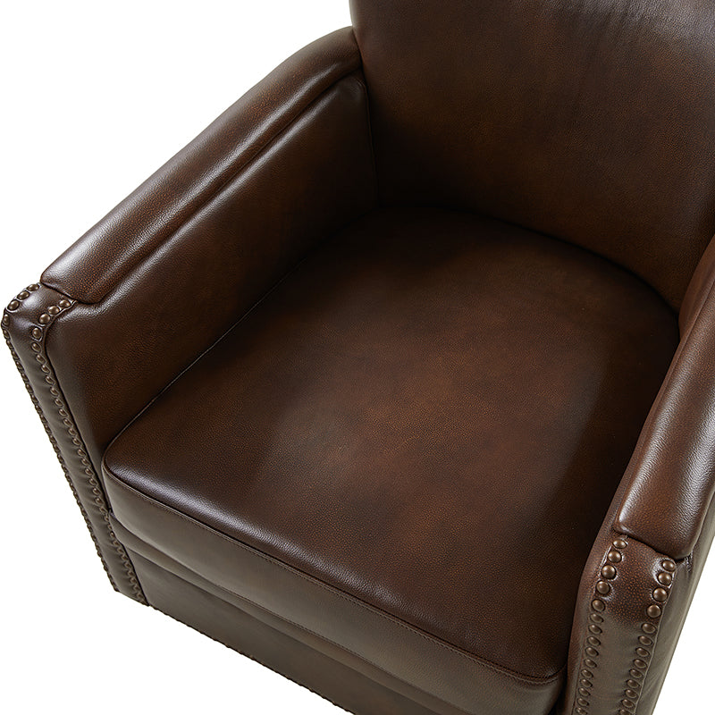 Fauteuil pivotant à 360° en cuir véritable avec clous décoratifs, accoudoirs encastrés et pieds noirs | Chocolat / Marron / Camel / Noir / Bleu marine | Une place