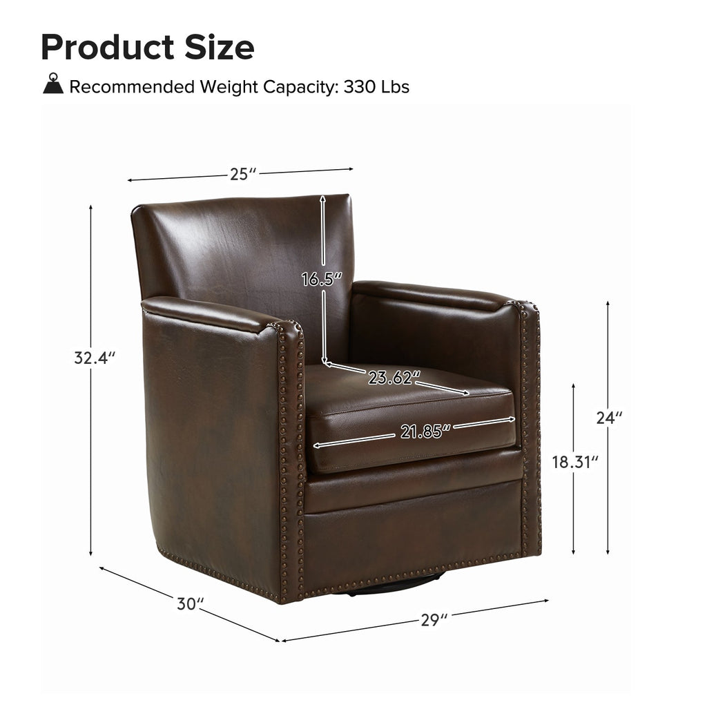 Fauteuil pivotant à 360° en cuir véritable avec clous décoratifs, accoudoirs encastrés et pieds noirs | Chocolat / Marron / Camel / Noir / Bleu marine | Une place