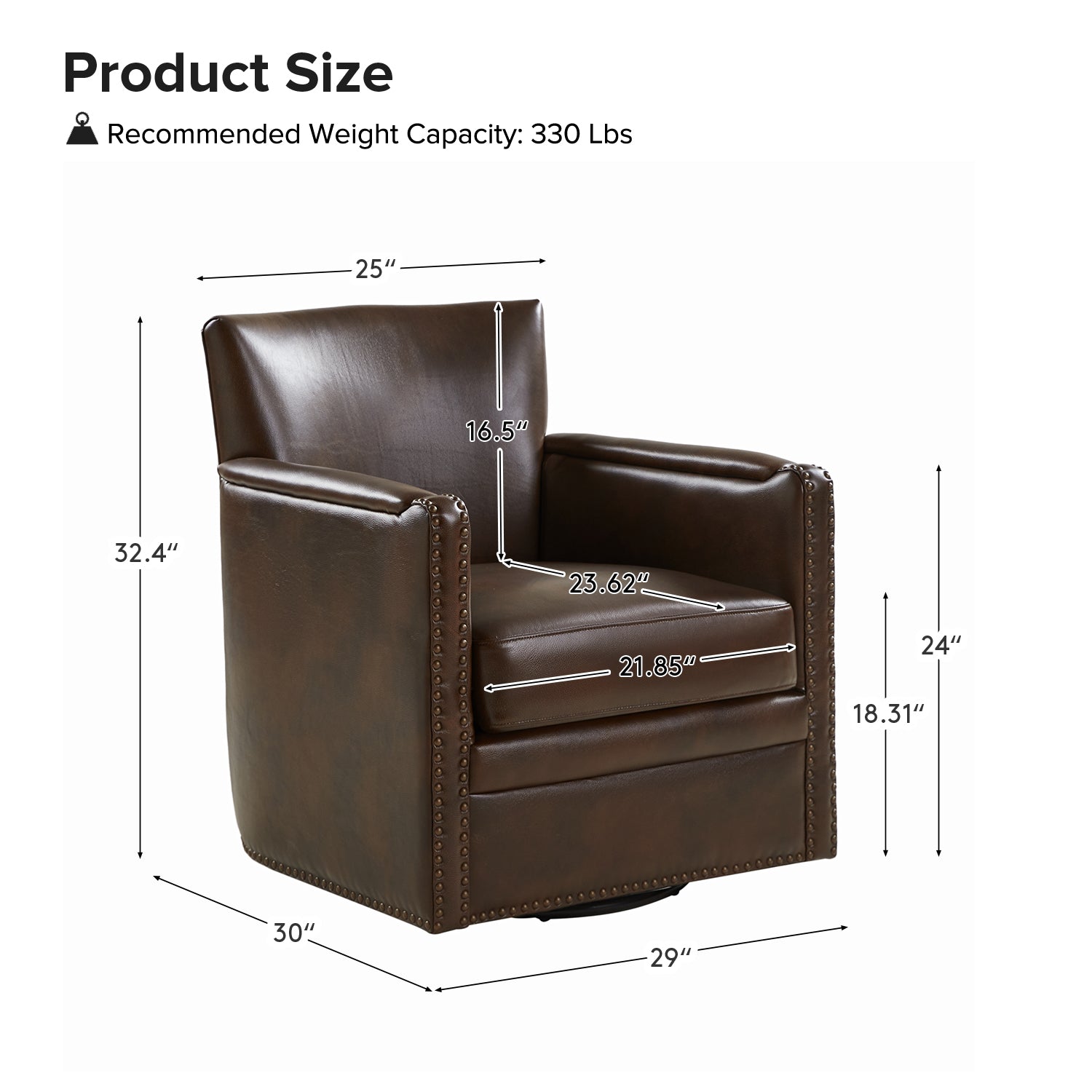 Fauteuil pivotant à 360° en cuir véritable avec clous décoratifs, accoudoirs encastrés et pieds noirs | Chocolat / Marron / Camel / Noir / Bleu marine | Une place