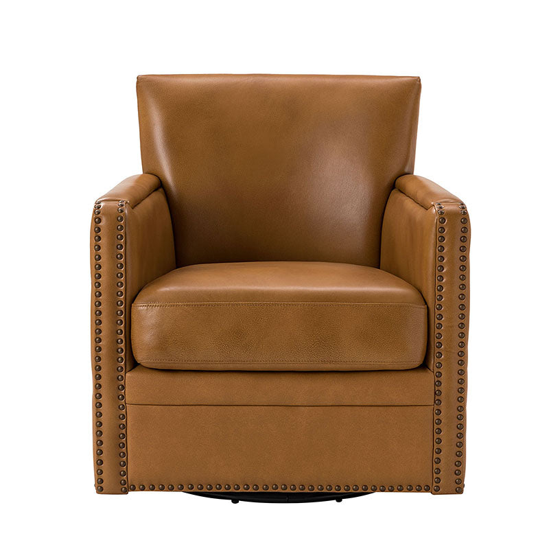 Fauteuil pivotant à 360° en cuir véritable avec clous décoratifs, accoudoirs encastrés et pieds noirs | Chocolat / Marron / Camel / Noir / Bleu marine | Une place