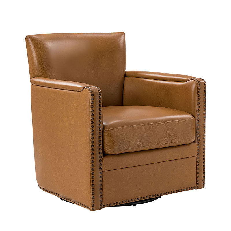 Fauteuil pivotant à 360° en cuir véritable avec clous décoratifs, accoudoirs encastrés et pieds noirs | Chocolat / Marron / Camel / Noir / Bleu marine | Une place