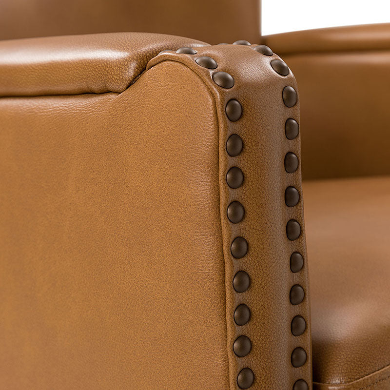 Fauteuil pivotant à 360° en cuir véritable avec clous décoratifs, accoudoirs encastrés et pieds noirs | Chocolat / Marron / Camel / Noir / Bleu marine | Une place