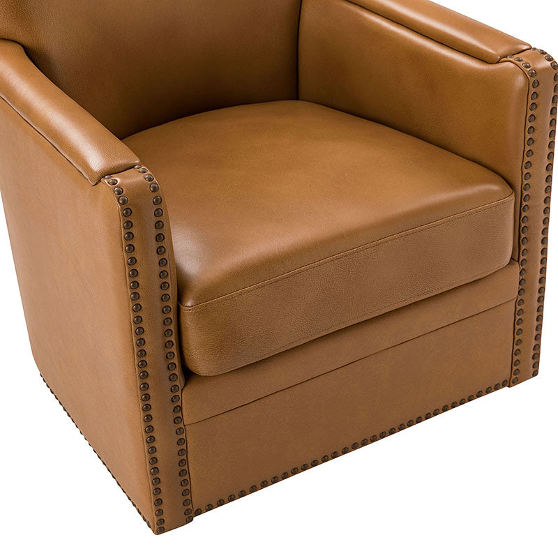 Fauteuil pivotant à 360° en cuir véritable avec clous décoratifs, accoudoirs encastrés et pieds noirs | Chocolat / Marron / Camel / Noir / Bleu marine | Une place