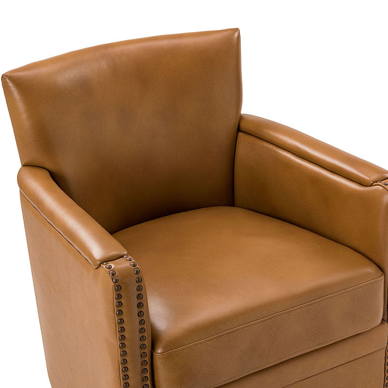 Fauteuil pivotant à 360° en cuir véritable avec clous décoratifs, accoudoirs encastrés et pieds noirs | Chocolat / Marron / Camel / Noir / Bleu marine | Une place