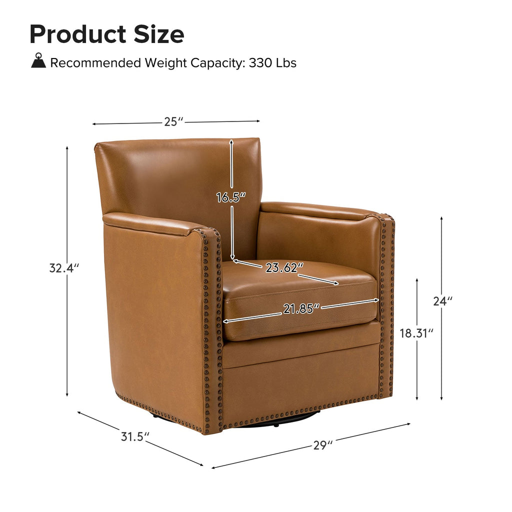 Fauteuil pivotant à 360° en cuir véritable avec clous décoratifs, accoudoirs encastrés et pieds noirs | Chocolat / Marron / Camel / Noir / Bleu marine | Une place