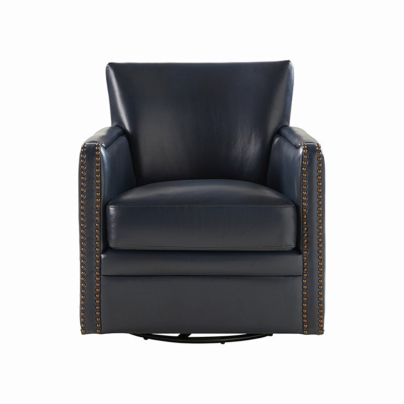Fauteuil pivotant à 360° en cuir véritable avec clous décoratifs, accoudoirs encastrés et pieds noirs | Chocolat / Marron / Camel / Noir / Bleu marine | Une place