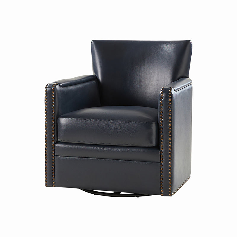 Fauteuil pivotant à 360° en cuir véritable avec clous décoratifs, accoudoirs encastrés et pieds noirs | Chocolat / Marron / Camel / Noir / Bleu marine | Une place