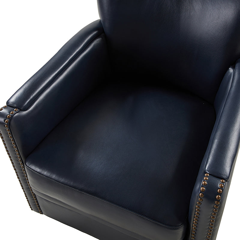Fauteuil pivotant à 360° en cuir véritable avec clous décoratifs, accoudoirs encastrés et pieds noirs | Chocolat / Marron / Camel / Noir / Bleu marine | Une place