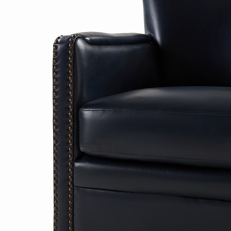 Fauteuil pivotant à 360° en cuir véritable avec clous décoratifs, accoudoirs encastrés et pieds noirs | Chocolat / Marron / Camel / Noir / Bleu marine | Une place