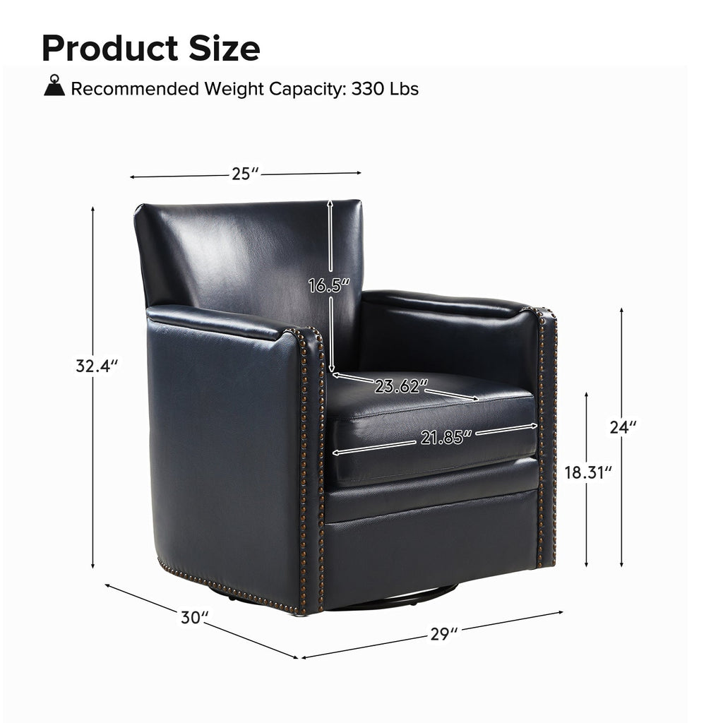Fauteuil pivotant à 360° en cuir véritable avec clous décoratifs, accoudoirs encastrés et pieds noirs | Chocolat / Marron / Camel / Noir / Bleu marine | Une place