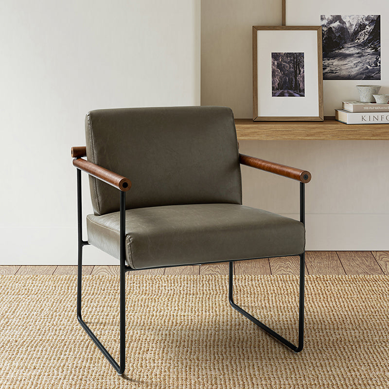 Fauteuil PU & Bouclette avec Accoudoirs Ronds en Bois Massif, Cadre Tubulaire en Métal et Pieds en Métal Noir | Bleu Marine / Gris / Turquoise / Ivoire | Monoplace