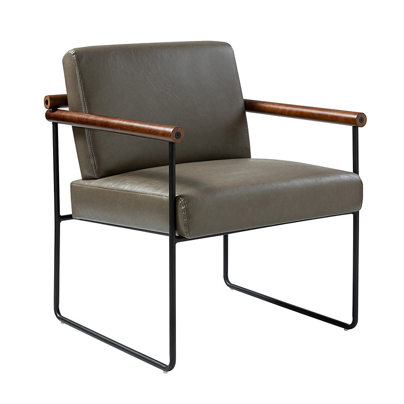 Fauteuil PU & Bouclette avec Accoudoirs Ronds en Bois Massif, Cadre Tubulaire en Métal et Pieds en Métal Noir | Bleu Marine / Gris / Turquoise / Ivoire | Monoplace