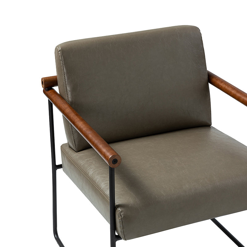 Fauteuil PU & Bouclette avec Accoudoirs Ronds en Bois Massif, Cadre Tubulaire en Métal et Pieds en Métal Noir | Bleu Marine / Gris / Turquoise / Ivoire | Monoplace