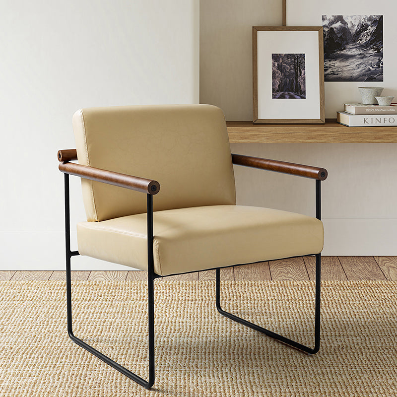 Fauteuil PU & Bouclette avec Accoudoirs Ronds en Bois Massif, Cadre Tubulaire en Métal et Pieds en Métal Noir | Bleu Marine / Gris / Turquoise / Ivoire | Monoplace