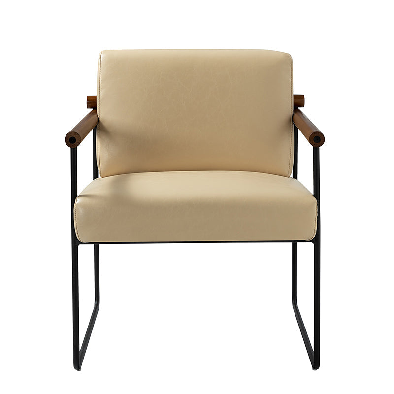 Fauteuil PU & Bouclette avec Accoudoirs Ronds en Bois Massif, Cadre Tubulaire en Métal et Pieds en Métal Noir | Bleu Marine / Gris / Turquoise / Ivoire | Monoplace
