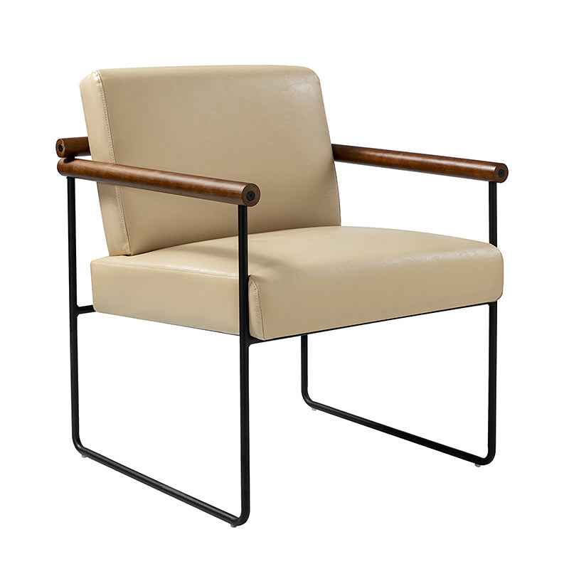 Fauteuil PU & Bouclette avec Accoudoirs Ronds en Bois Massif, Cadre Tubulaire en Métal et Pieds en Métal Noir | Bleu Marine / Gris / Turquoise / Ivoire | Monoplace