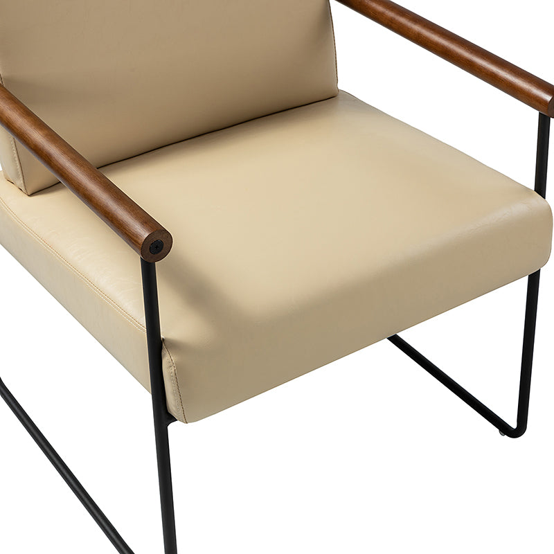 Fauteuil PU & Bouclette avec Accoudoirs Ronds en Bois Massif, Cadre Tubulaire en Métal et Pieds en Métal Noir | Bleu Marine / Gris / Turquoise / Ivoire | Monoplace